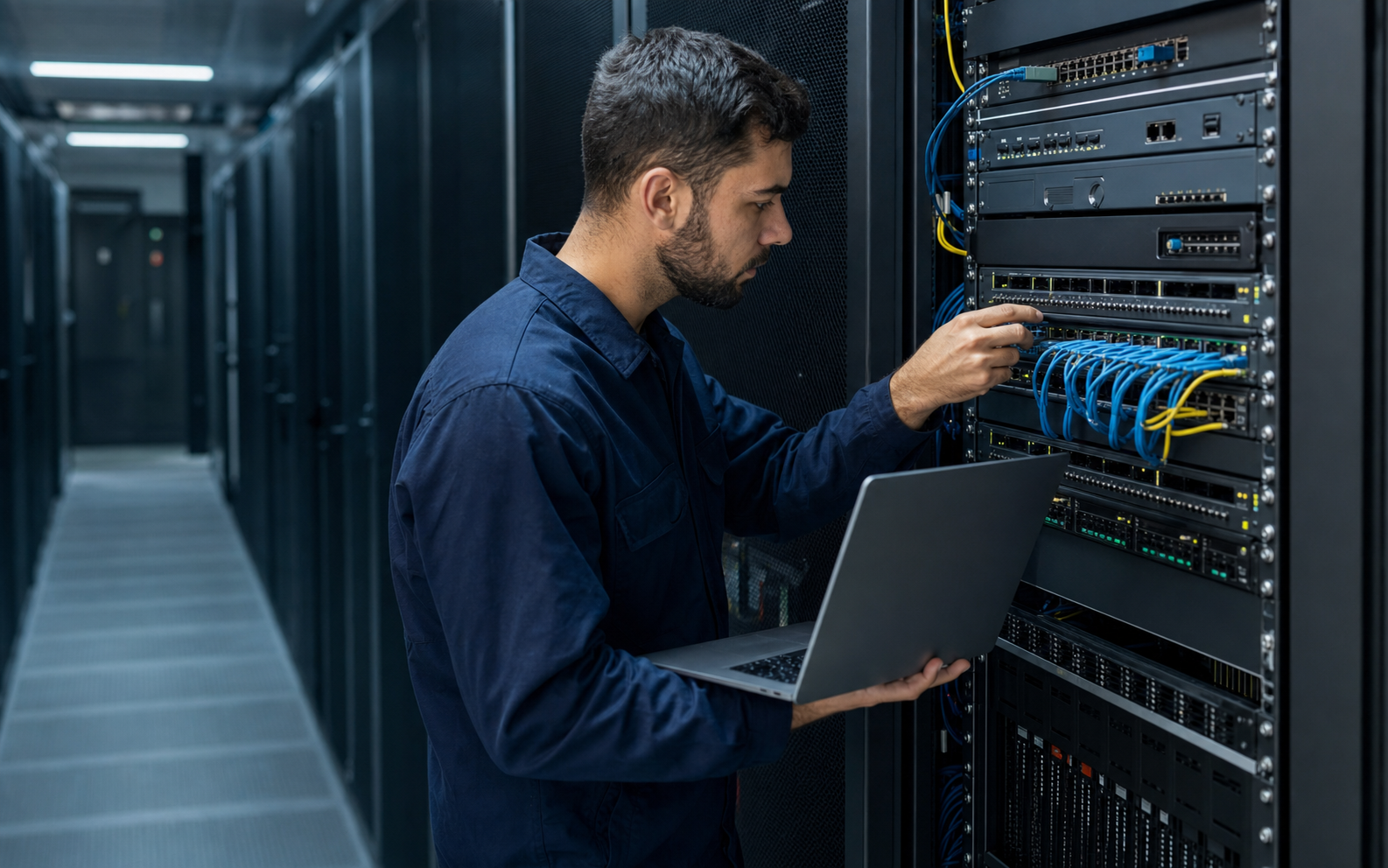 Field engineer inspecting network equipment in a data centre