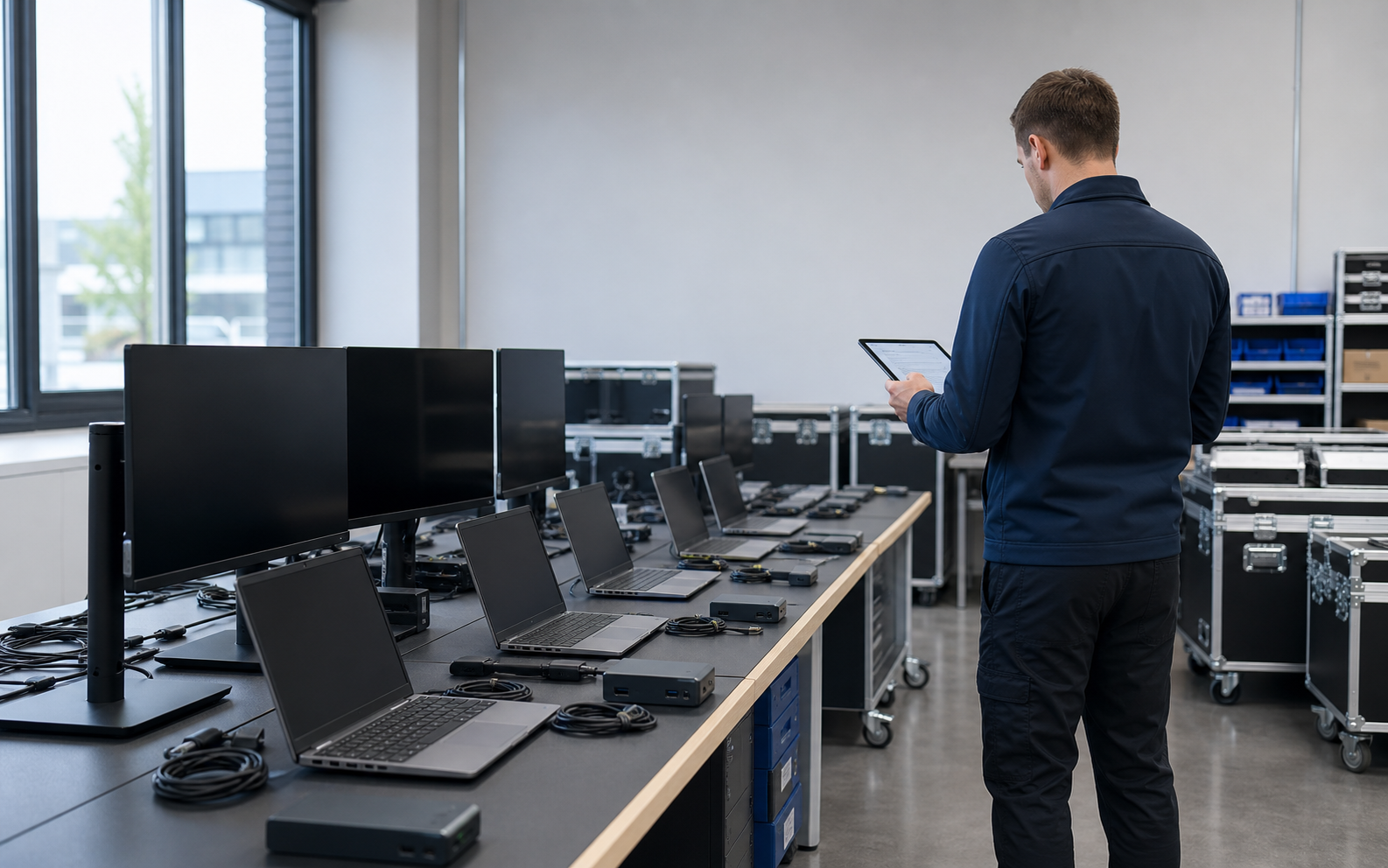 Field engineer checking organised laptops and peripherals prepared for deployment