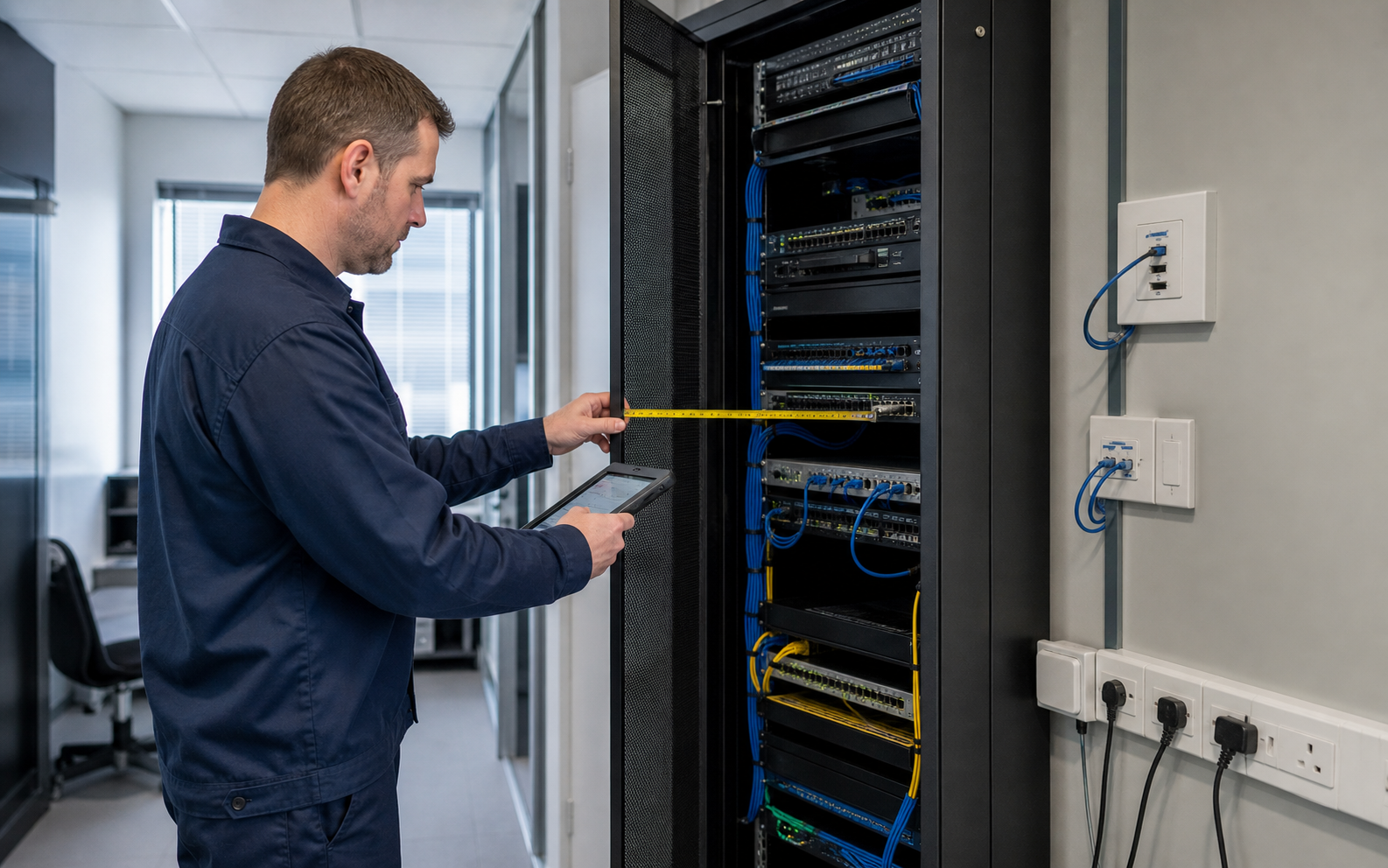 Field engineer measuring rack space during a technical site survey
