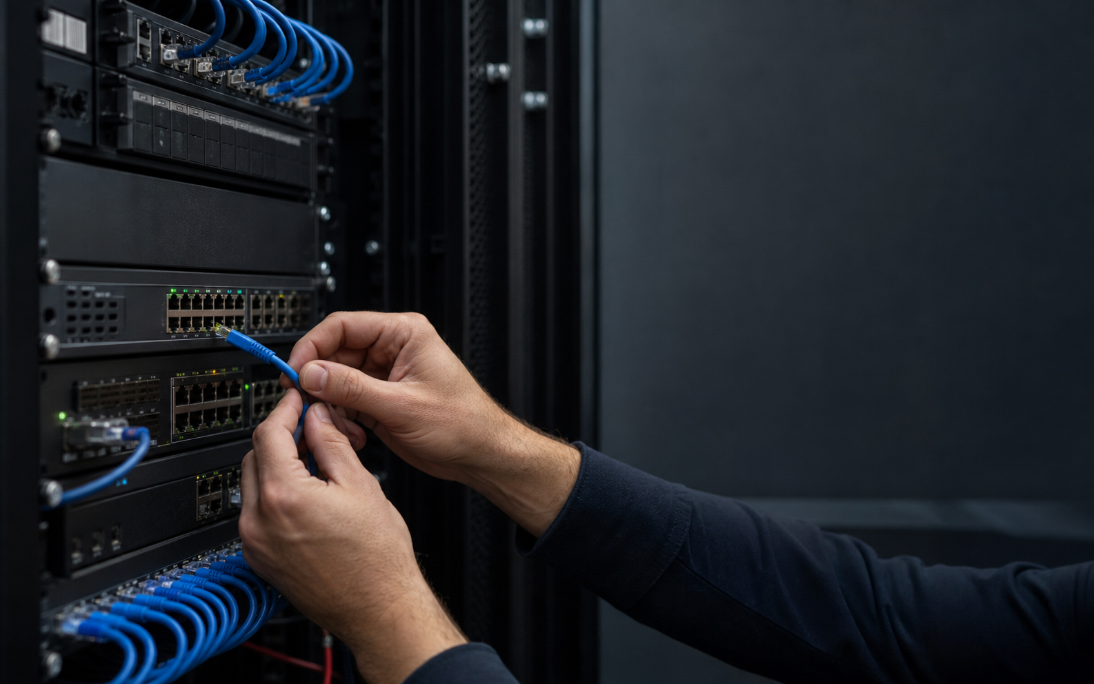 Field engineer tracing a network cable during an approved smart-hands task